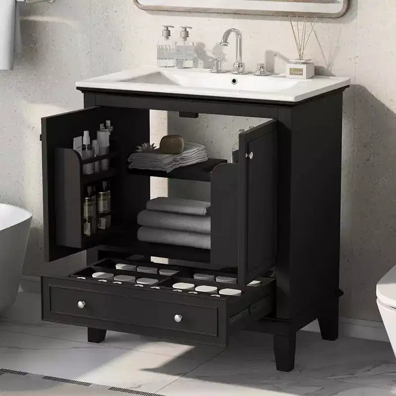 Meuble-lavabo MAYEERTY 30 po avec évier Portes d'armoire multifonctionnelles Tiroir Bois massif MDF Noir