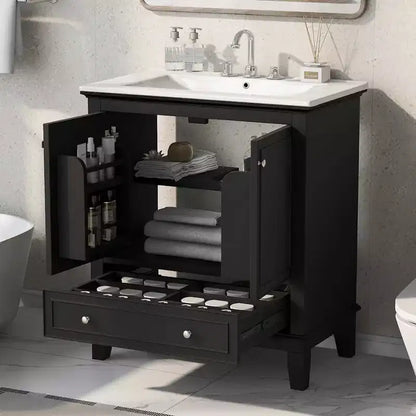 Meuble-lavabo MAYEERTY 30 po avec évier Portes d'armoire multifonctionnelles Tiroir Bois massif MDF Noir