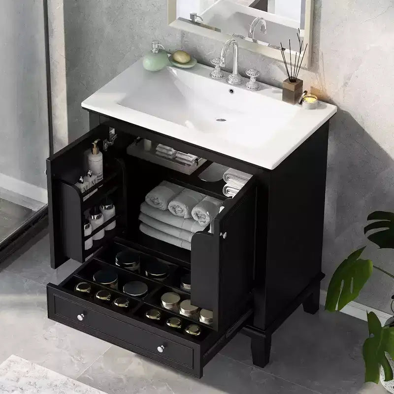 Meuble-lavabo MAYEERTY 30 po avec évier Portes d'armoire multifonctionnelles Tiroir Bois massif MDF Noir