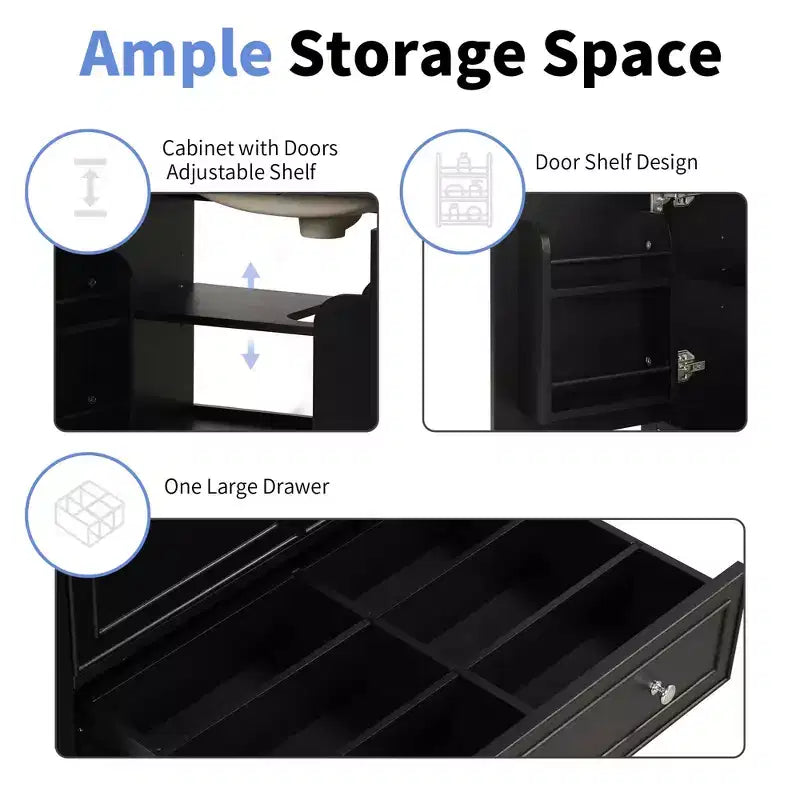 Meuble-lavabo MAYEERTY 30 po avec évier Portes d'armoire multifonctionnelles Tiroir Bois massif MDF Noir