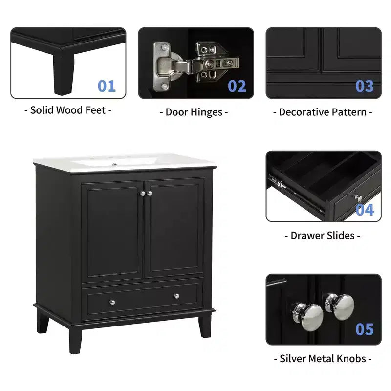 Meuble-lavabo MAYEERTY 30 po avec évier Portes d'armoire multifonctionnelles Tiroir Bois massif MDF Noir