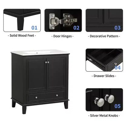 Meuble-lavabo MAYEERTY 30 po avec évier Portes d'armoire multifonctionnelles Tiroir Bois massif MDF Noir