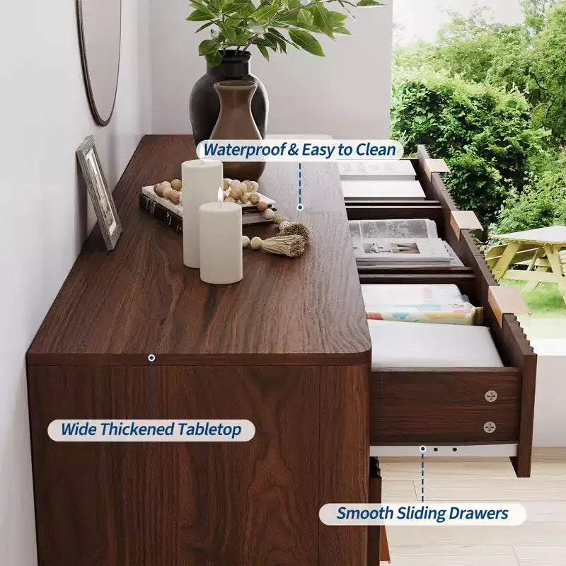 Commode à 9 tiroirs pour chambre à coucher, commode en bois de 137 cm avec poignées dorées, commode cannelée pour meuble TV, organisateur de rangement pour vêtements pour salon