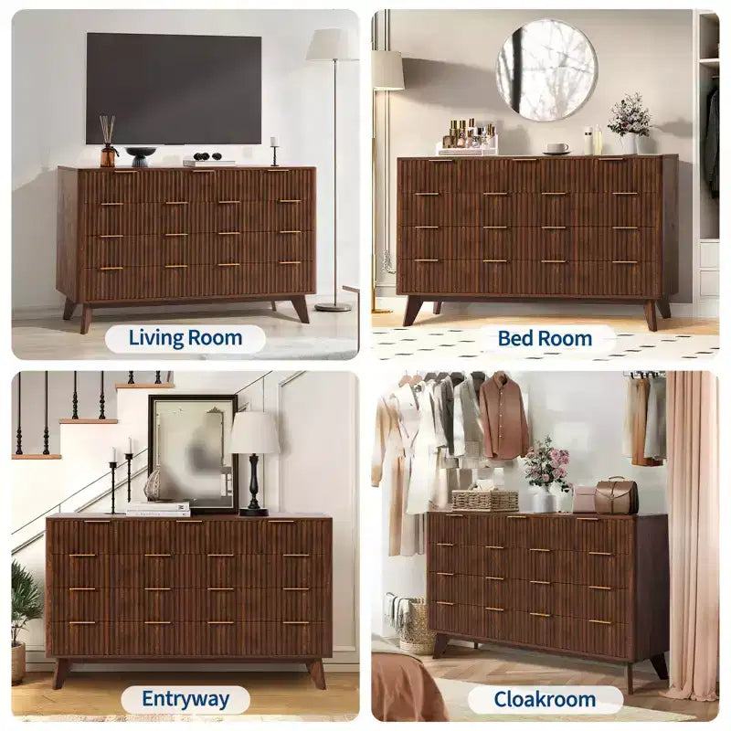 Commode à 9 tiroirs pour chambre à coucher, commode en bois de 137 cm avec poignées dorées, commode cannelée pour meuble TV, organisateur de rangement pour vêtements pour salon