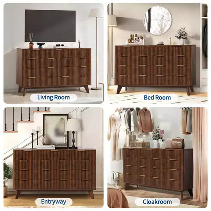 Commode à 9 tiroirs pour chambre à coucher, commode en bois de 137 cm avec poignées dorées, commode cannelée pour meuble TV, organisateur de rangement pour vêtements pour salon
