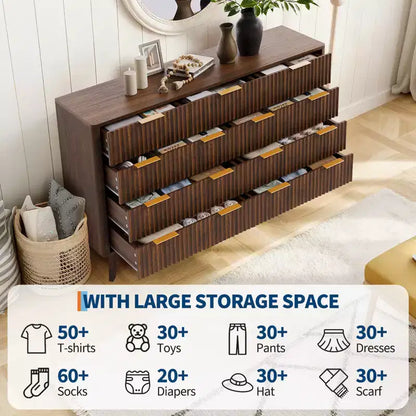 Commode à 9 tiroirs pour chambre à coucher, commode en bois de 137 cm avec poignées dorées, commode cannelée pour meuble TV, organisateur de rangement pour vêtements pour salon