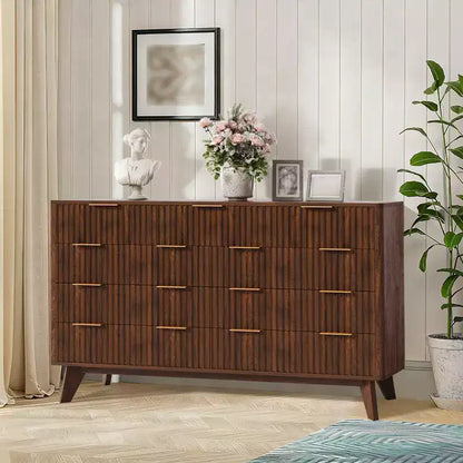 Commode à 9 tiroirs pour chambre à coucher, commode en bois de 137 cm avec poignées dorées, commode cannelée pour meuble TV, organisateur de rangement pour vêtements pour salon