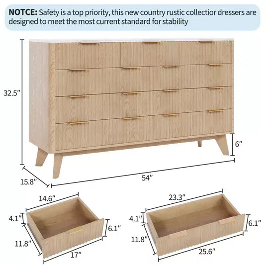 Commode à 9 tiroirs pour chambre à coucher, commode en bois de 137 cm avec poignées dorées, commode cannelée pour meuble TV, organisateur de rangement pour vêtements pour salon
