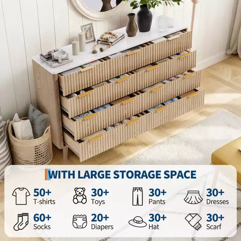 Commode à 9 tiroirs pour chambre à coucher, commode en bois de 137 cm avec poignées dorées, commode cannelée pour meuble TV, organisateur de rangement pour vêtements pour salon