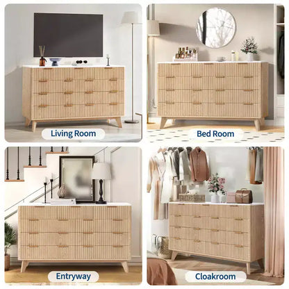Commode à 9 tiroirs pour chambre à coucher, commode en bois de 137 cm avec poignées dorées, commode cannelée pour meuble TV, organisateur de rangement pour vêtements pour salon