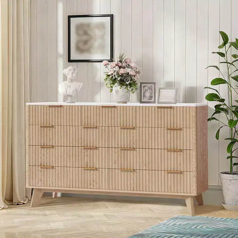 9 Drawer Dresser for Bedroom, 54W Wood Chest of Drawers with Gold Handle, Fluted Dresser TV Stand, Clothes Storage Organizer for Living Room
