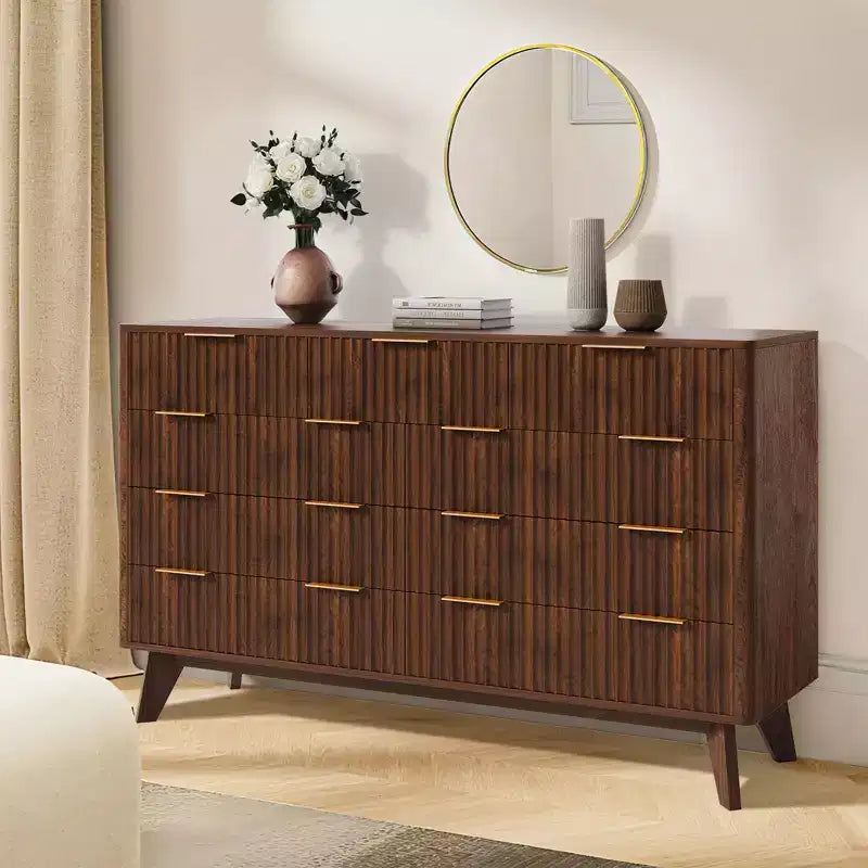 Commode à 9 tiroirs pour chambre à coucher, commode en bois de 137 cm avec poignées dorées, commode cannelée pour meuble TV, organisateur de rangement pour vêtements pour salon