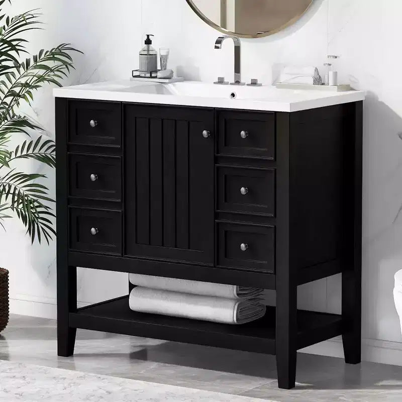 MAYEERTY 36 Bathroom Vanity with Sink 1 Cabinet 3 Drawers Solid Wood MDF Black