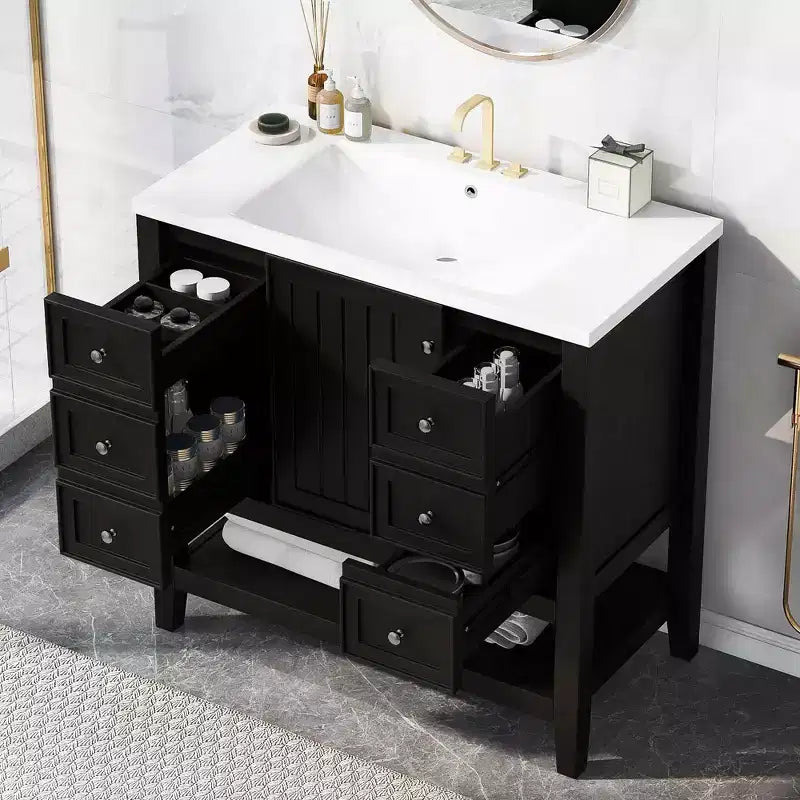 MAYEERTY Meuble-lavabo de salle de bain 36 pouces avec évier 1 armoire 3 tiroirs MDF en bois massif Noir