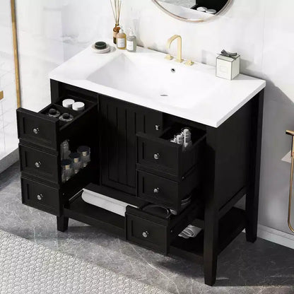 MAYEERTY Meuble-lavabo de salle de bain 36 pouces avec évier 1 armoire 3 tiroirs MDF en bois massif Noir