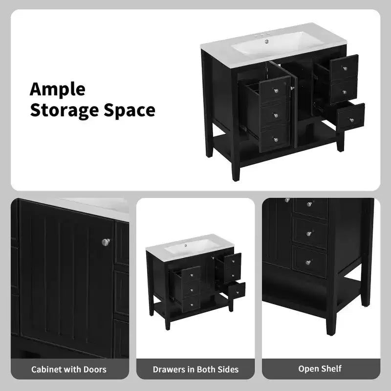 MAYEERTY Meuble-lavabo de salle de bain 36 pouces avec évier 1 armoire 3 tiroirs MDF en bois massif Noir