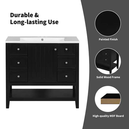 MAYEERTY Meuble-lavabo de salle de bain 36 pouces avec évier 1 armoire 3 tiroirs MDF en bois massif Noir