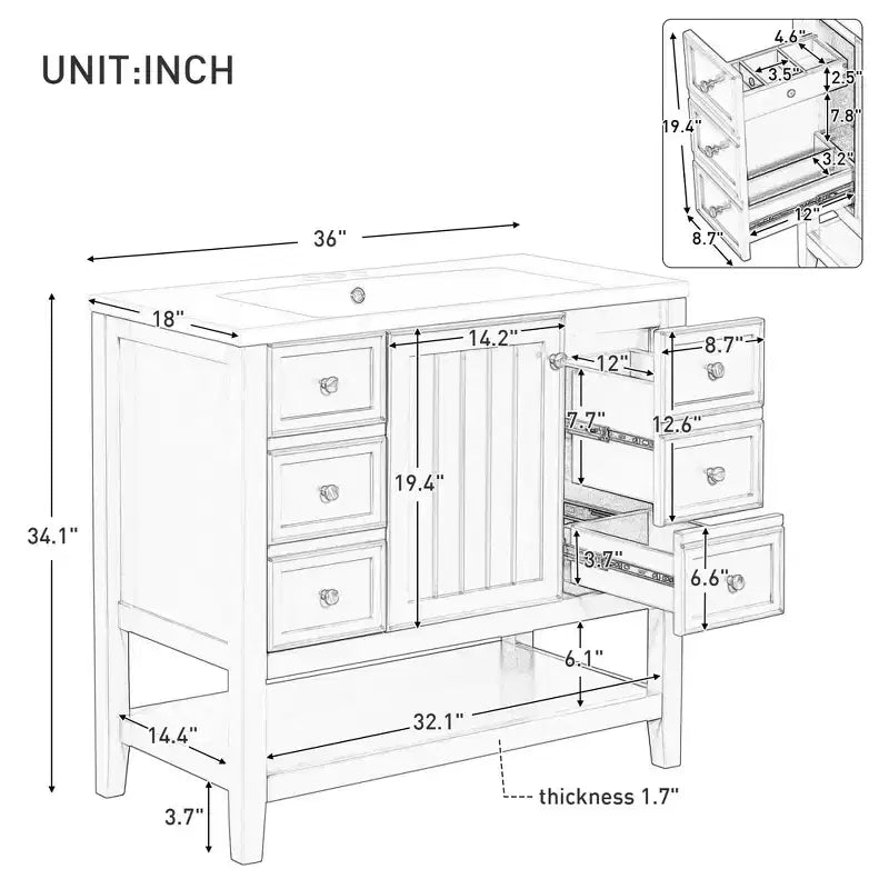 MAYEERTY Meuble-lavabo de salle de bain 36 pouces avec évier 1 armoire 3 tiroirs MDF en bois massif Noir