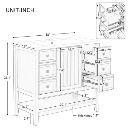 MAYEERTY Meuble-lavabo de salle de bain 36 pouces avec évier 1 armoire 3 tiroirs MDF en bois massif Noir