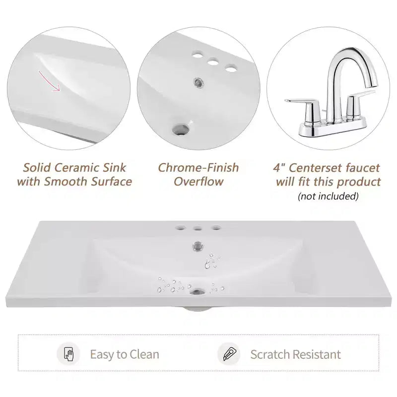 MAYEERTY Meuble-lavabo de salle de bain 36 pouces avec évier 1 armoire 3 tiroirs MDF en bois massif Noir