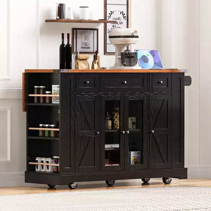 Îlot de cuisine roulant noir de style ferme de 53 pouces avec plateau rabattable pour cuisine et salle à manger
