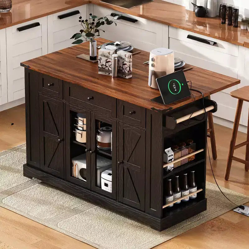 Îlot de cuisine roulant noir de style ferme de 53 pouces avec plateau rabattable pour cuisine et salle à manger