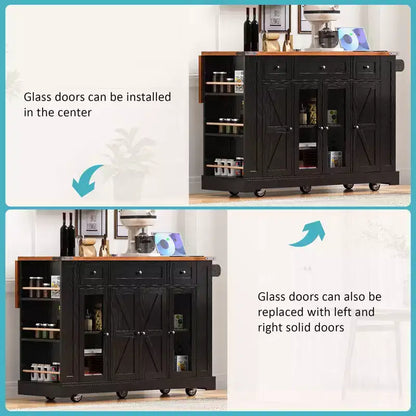 Îlot de cuisine roulant noir de style ferme de 53 pouces avec plateau rabattable pour cuisine et salle à manger
