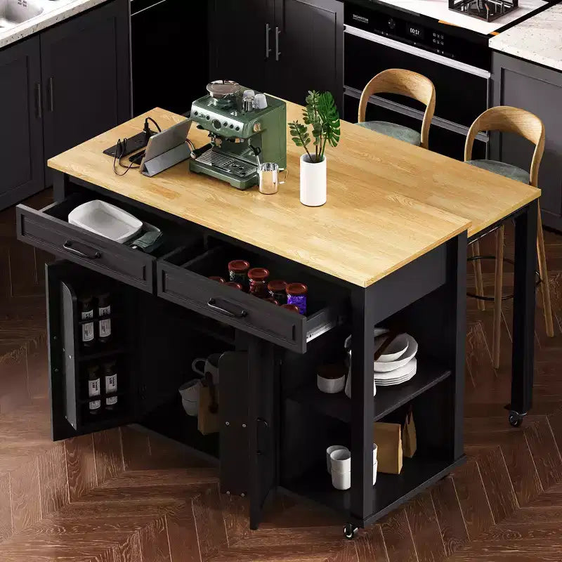47 inch Black Kitchen Island with Extendable Dining Table, Rubber Wood Veneer Kitchen Table with Internal Storage Rack