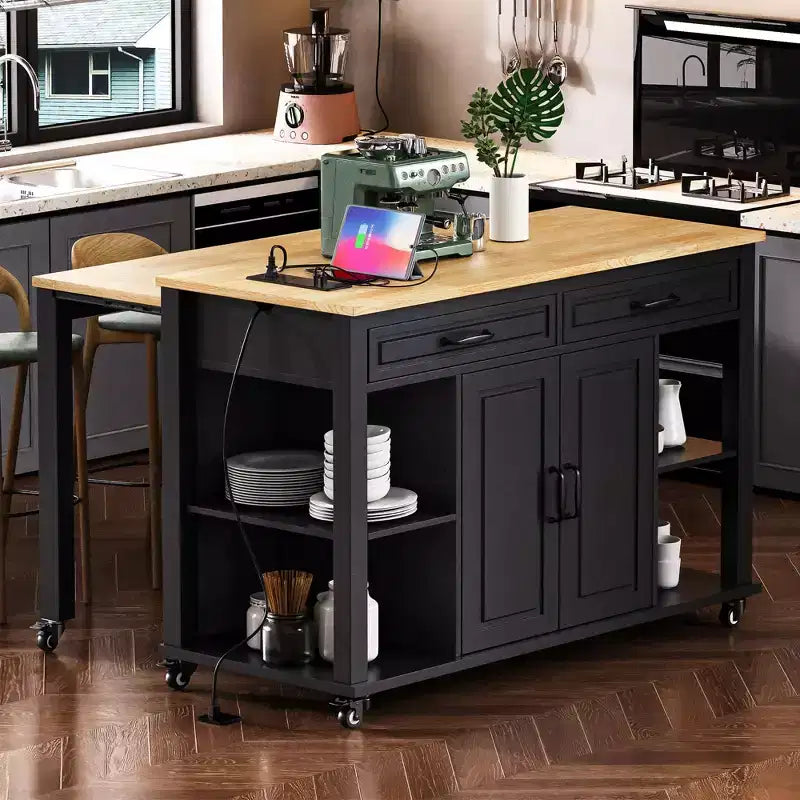 Îlot de cuisine noir de 47 pouces avec table à manger extensible, table de cuisine en placage de bois d'hévéa avec étagère de rangement interne
