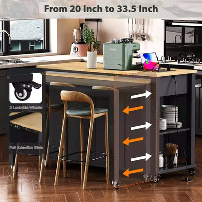 Îlot de cuisine noir de 47 pouces avec table à manger extensible, table de cuisine en placage de bois d'hévéa avec étagère de rangement interne