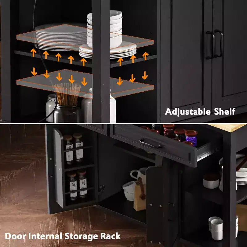 Îlot de cuisine noir de 47 pouces avec table à manger extensible, table de cuisine en placage de bois d'hévéa avec étagère de rangement interne