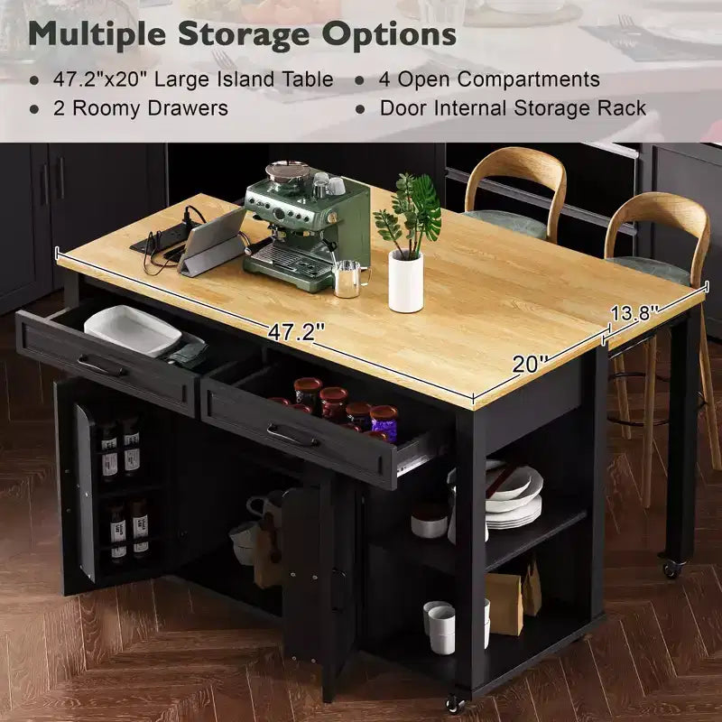 Îlot de cuisine noir de 47 pouces avec table à manger extensible, table de cuisine en placage de bois d'hévéa avec étagère de rangement interne
