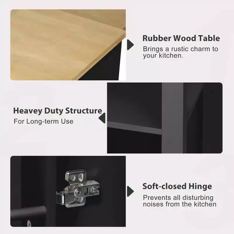 Îlot de cuisine noir de 47 pouces avec table à manger extensible, table de cuisine en placage de bois d'hévéa avec étagère de rangement interne