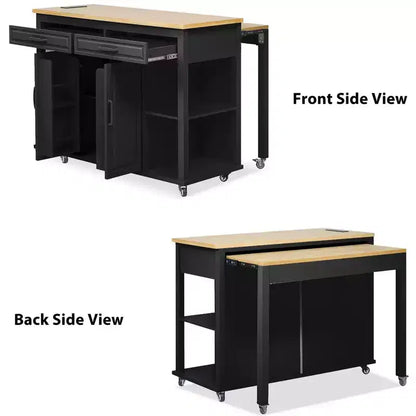 Îlot de cuisine noir de 47 pouces avec table à manger extensible, table de cuisine en placage de bois d'hévéa avec étagère de rangement interne