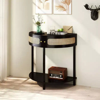 31,5 Table console d'entrée moderne avec rangement, Table de couloir demi-lune avec portes en rotin, Étagère inférieure pour salon - Panipeachy