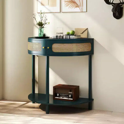 31,5 Table console d'entrée moderne avec rangement, Table de couloir demi-lune avec portes en rotin, Étagère inférieure pour salon - Panipeachy