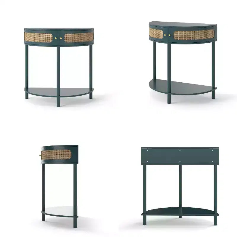31,5 Table console d'entrée moderne avec rangement, Table de couloir demi-lune avec portes en rotin, Étagère inférieure pour salon - Panipeachy