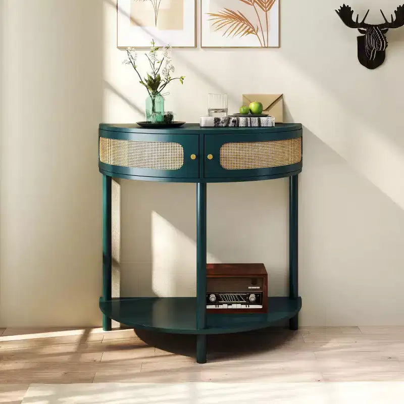 31.5 Modern Entryway Console Table with Storage, Half Moon Hallway Table with Rattan Doors, Bottom Shelf for Living Room - Panipeachy