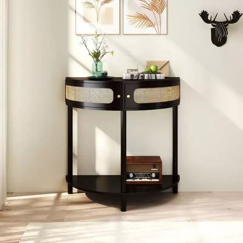31,5 Table console d'entrée moderne avec rangement, Table de couloir demi-lune avec portes en rotin, Étagère inférieure pour salon - Panipeachy