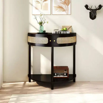 31,5 Table console d'entrée moderne avec rangement, Table de couloir demi-lune avec portes en rotin, Étagère inférieure pour salon - Panipeachy