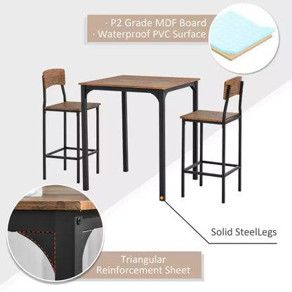 Ensemble table et chaises de bar 3 pièces, petite table et chaises de cuisine, table à manger carrée avec 2 tabourets et noir