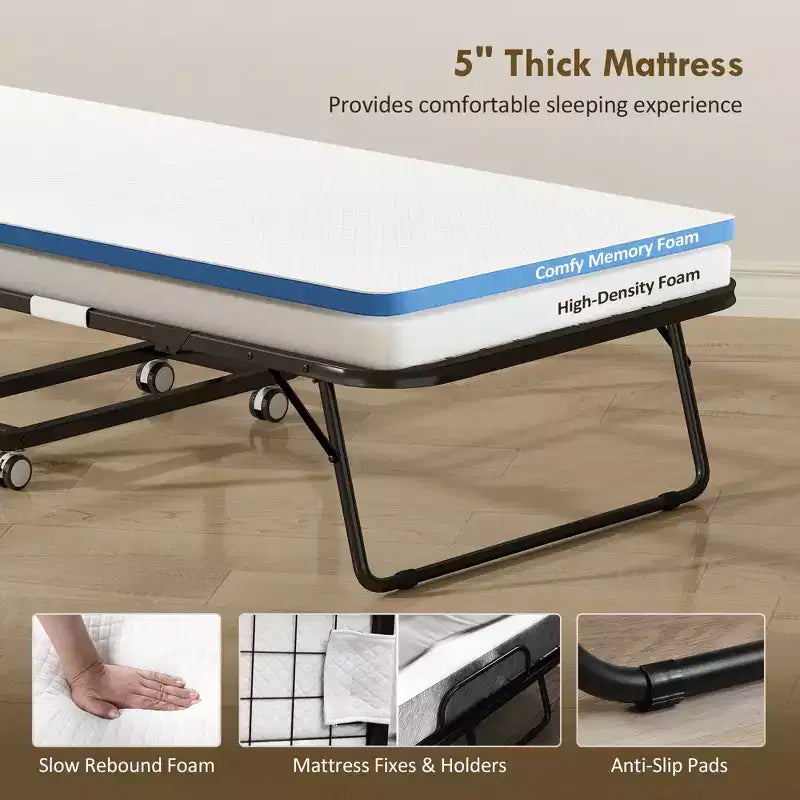 Lit Pliant avec Matelas pour Adultes, Lit Simple, Lit Pliable Portable avec Matelas en Mousse à Mémoire de Forme et Cadre en Acier