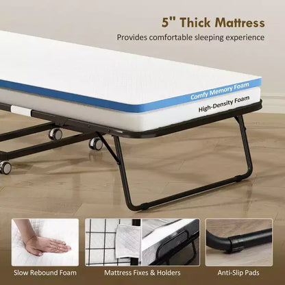 Lit Pliant avec Matelas pour Adultes, Lit Simple, Lit Pliable Portable avec Matelas en Mousse à Mémoire de Forme et Cadre en Acier