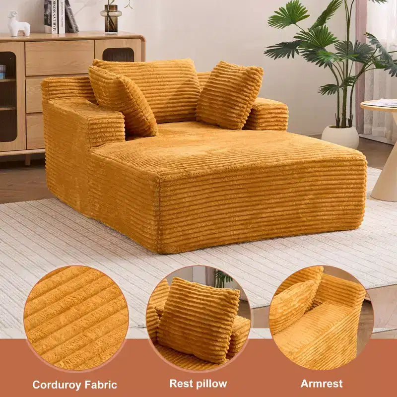 Efomao 66inx48in Chaise longue intérieure moderne, rembourrée en velours côtelé, siège profond, canapé-lit avec accoudoirs, aucun assemblage requis, orange