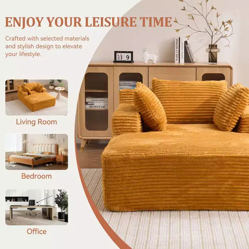 Efomao 66inx48in Chaise longue intérieure moderne, rembourrée en velours côtelé, siège profond, canapé-lit avec accoudoirs, aucun assemblage requis, orange
