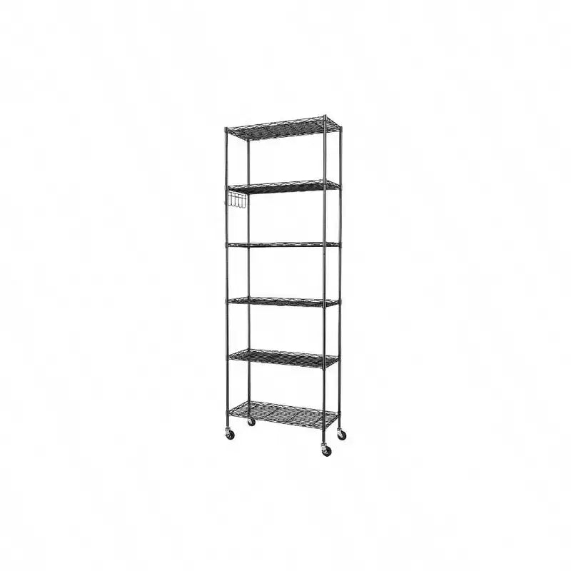 6 - Tier Storage Shelf Wire Shelving Unit Standing Rack Organization with Caster Wheels Stainless Side Hooks Black