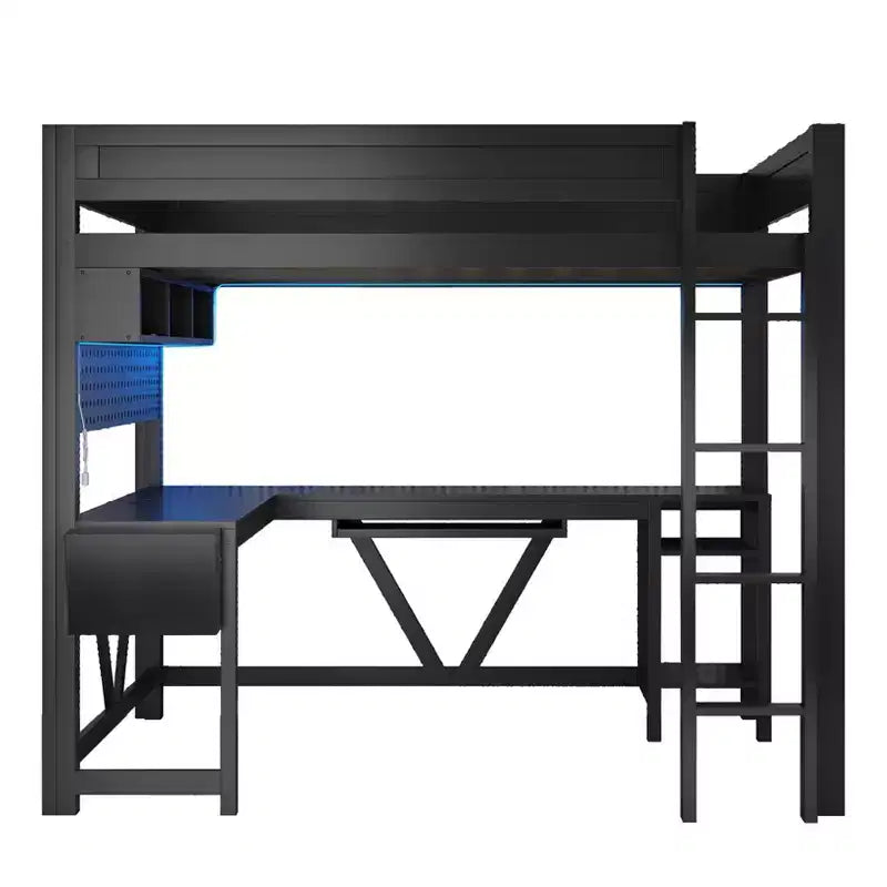 Lit mezzanine de jeu pleine grandeur Luxystar avec bureau, étagères de rangement, LED 7 couleurs et station de charge