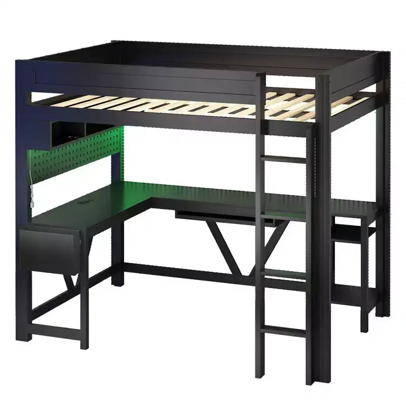 Lit mezzanine de jeu pleine grandeur Luxystar avec bureau, étagères de rangement, LED 7 couleurs et station de charge