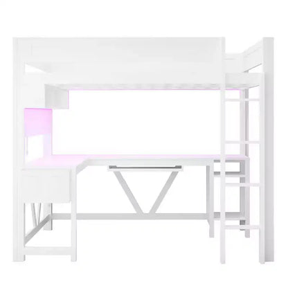Lit mezzanine de jeu pleine grandeur Luxystar avec bureau, étagères de rangement, LED 7 couleurs et station de charge