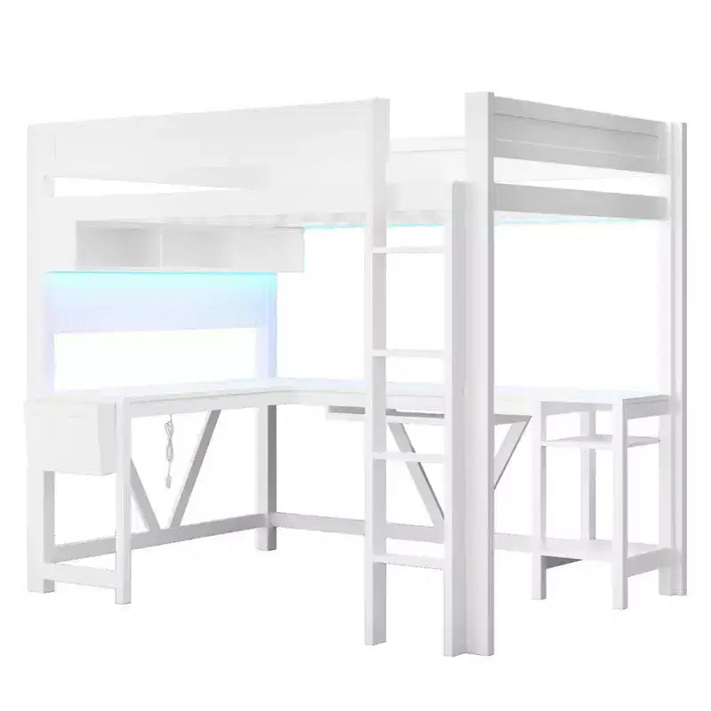 Lit mezzanine de jeu pleine grandeur Luxystar avec bureau, étagères de rangement, LED 7 couleurs et station de charge